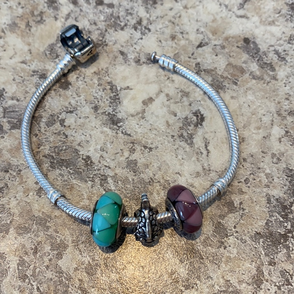 *SOLD* Authentic Pandora clasp bracelet with 3 authentic Pandora charms